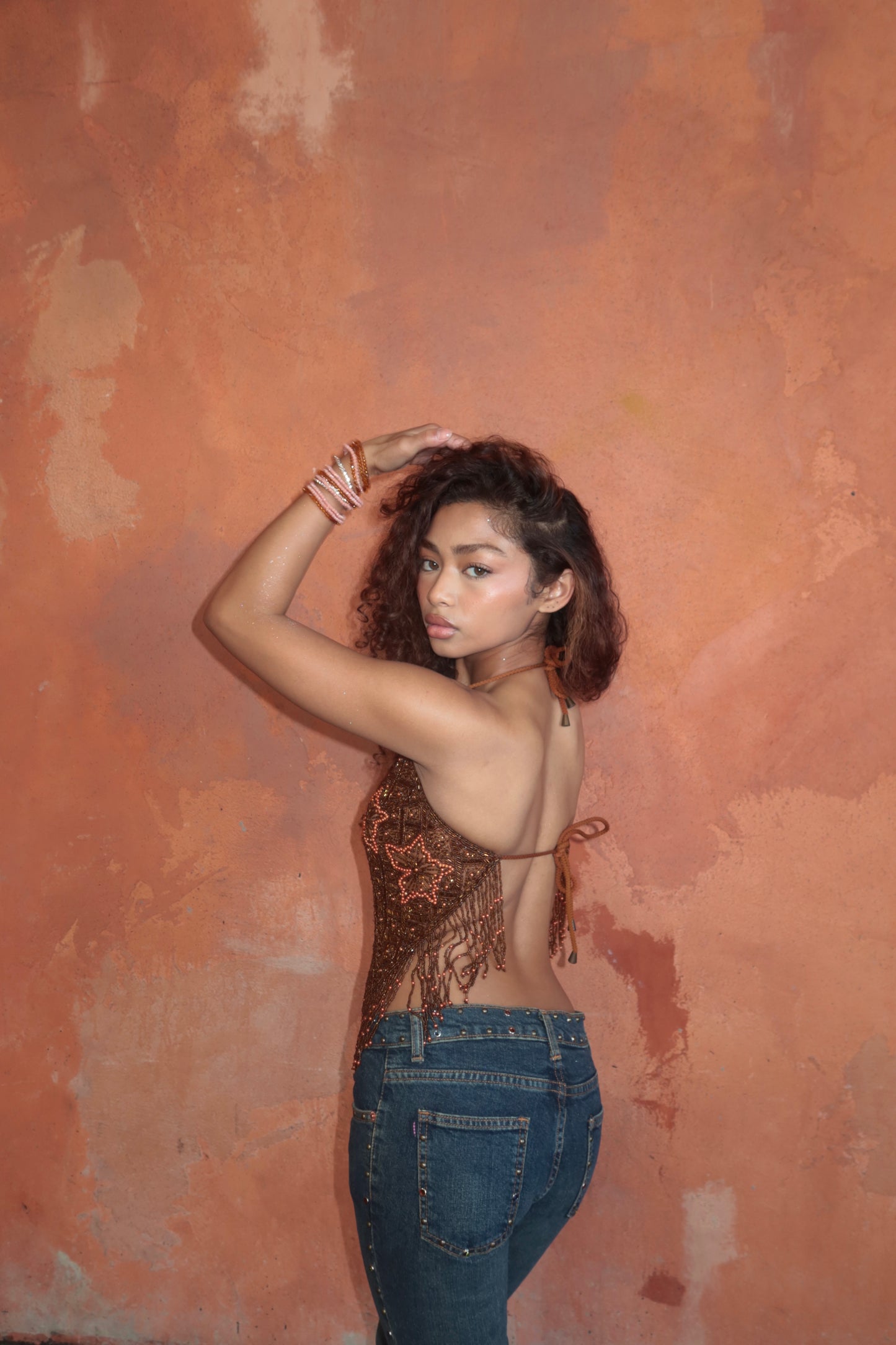 BROWN STAR BEADED TOP