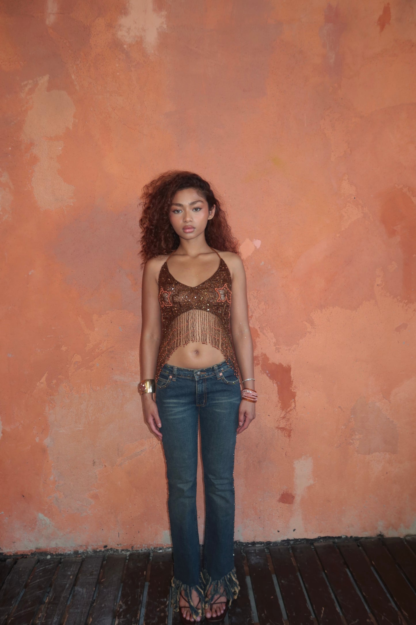BROWN STAR BEADED TOP