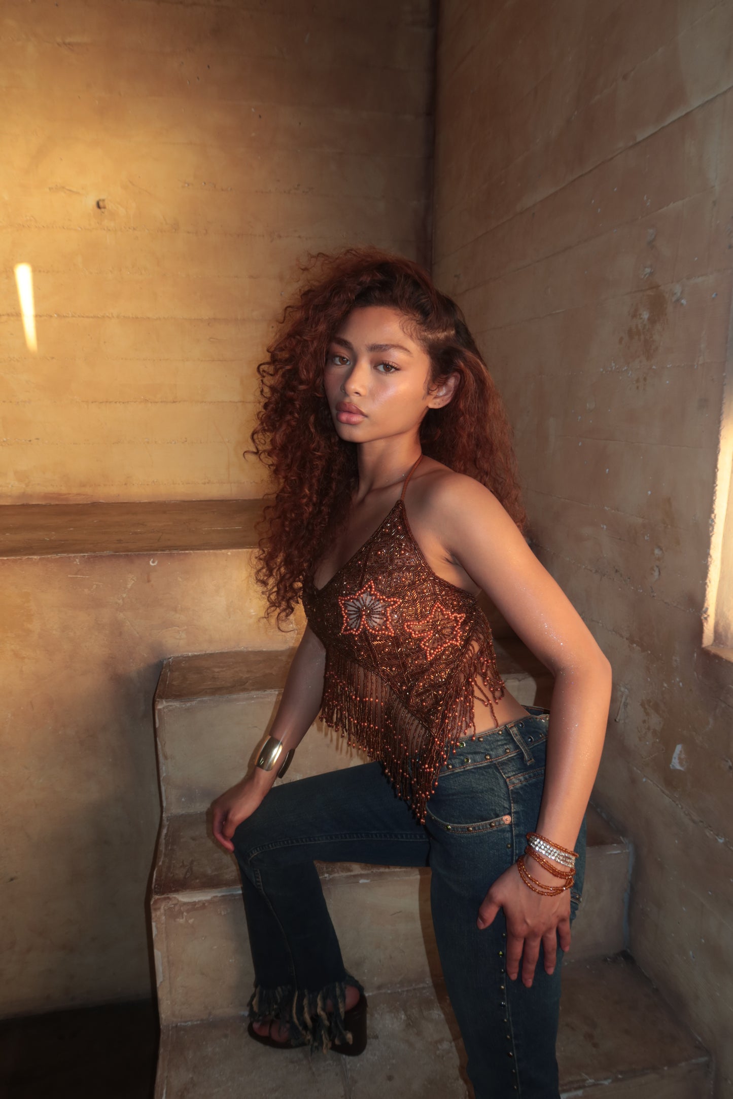BROWN STAR BEADED TOP